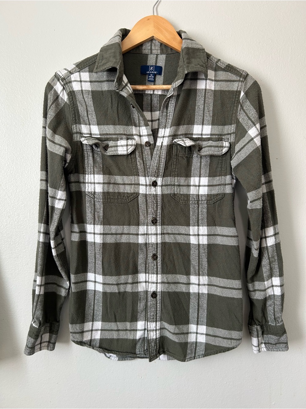 George Men’s XS 30-32 Olive Green Plaid Flannel Button Down Shirt